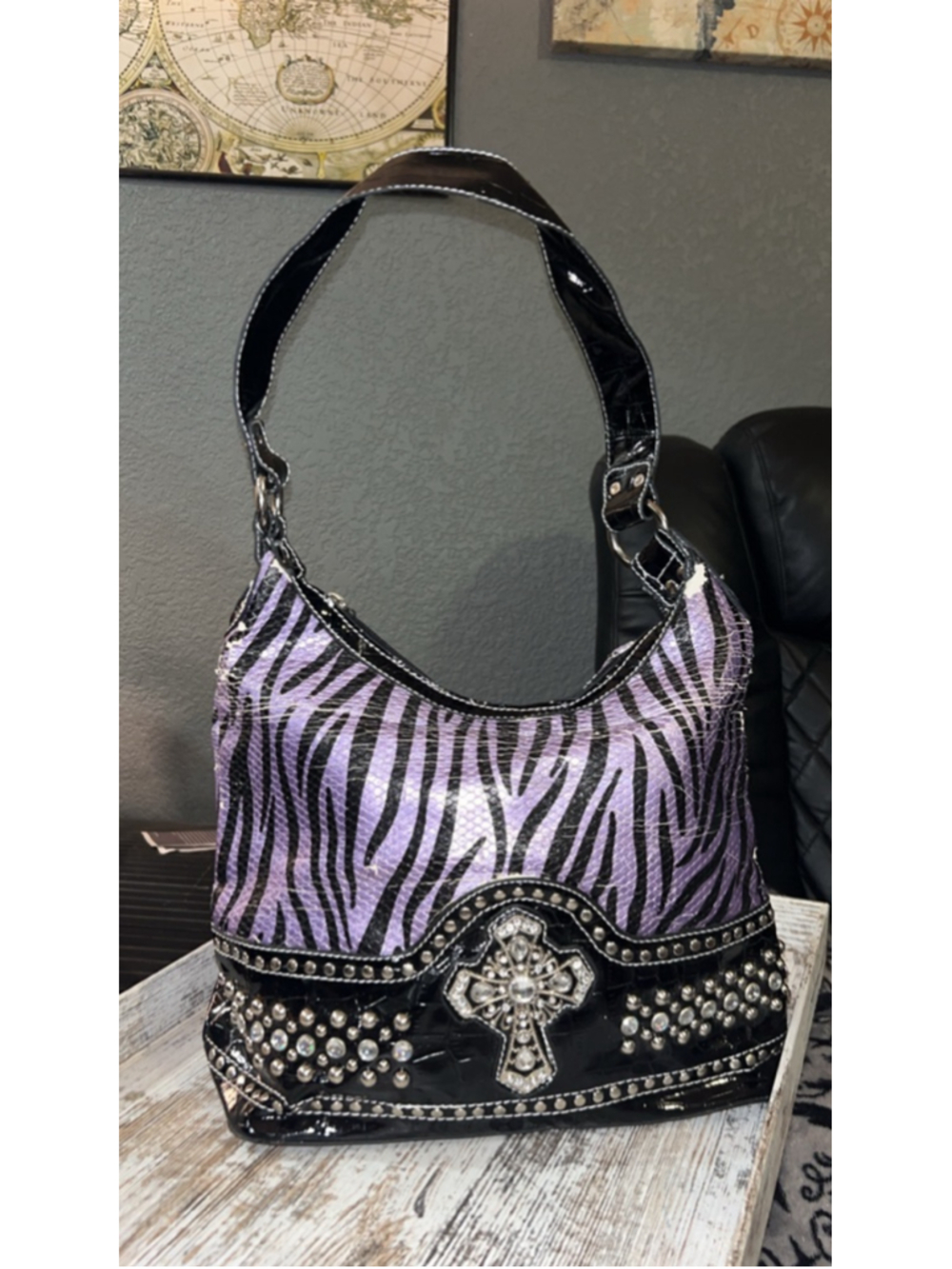 Women's Unbranded Shoulder Bag One Size Purple Black Zebra Print - Picture 6 of 8